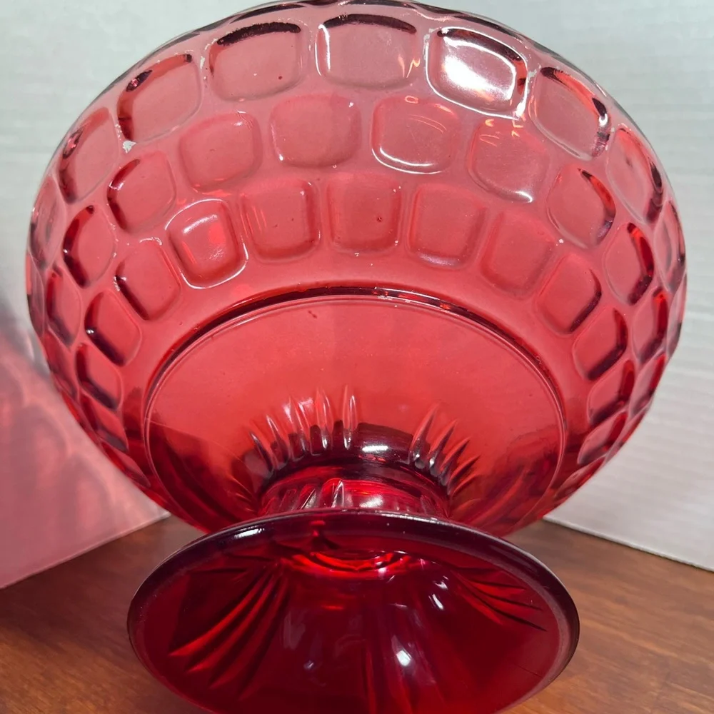 Vintage Federal Glass Yorktown Colonial Ruby Red Thumbprint Footed Bowl 10”